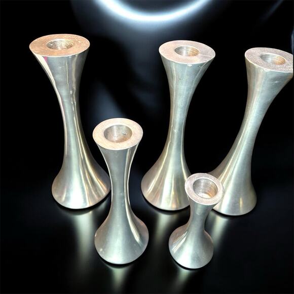 5 New Stainless Steal Hourglass Candle Sticks-MCM- Scandinavian Design- 8”6”4” - Picture 5 of 11